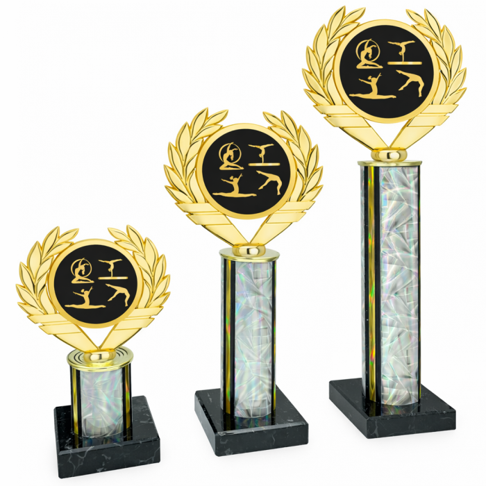 SILVER FEMALE GYMNASTIC COLUMN TROPHY WITH MODERN ACRYCLIC CENTRE MOUNTED ON PLASTIC LAUREL LEAF - 3 SIZES